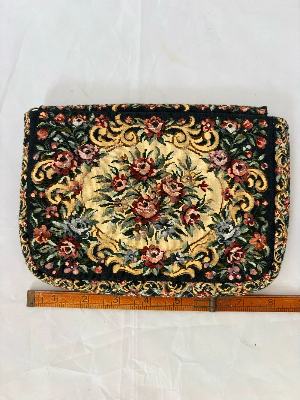 Vintage Floral Tapestry Clutch Purse - Black and Gold